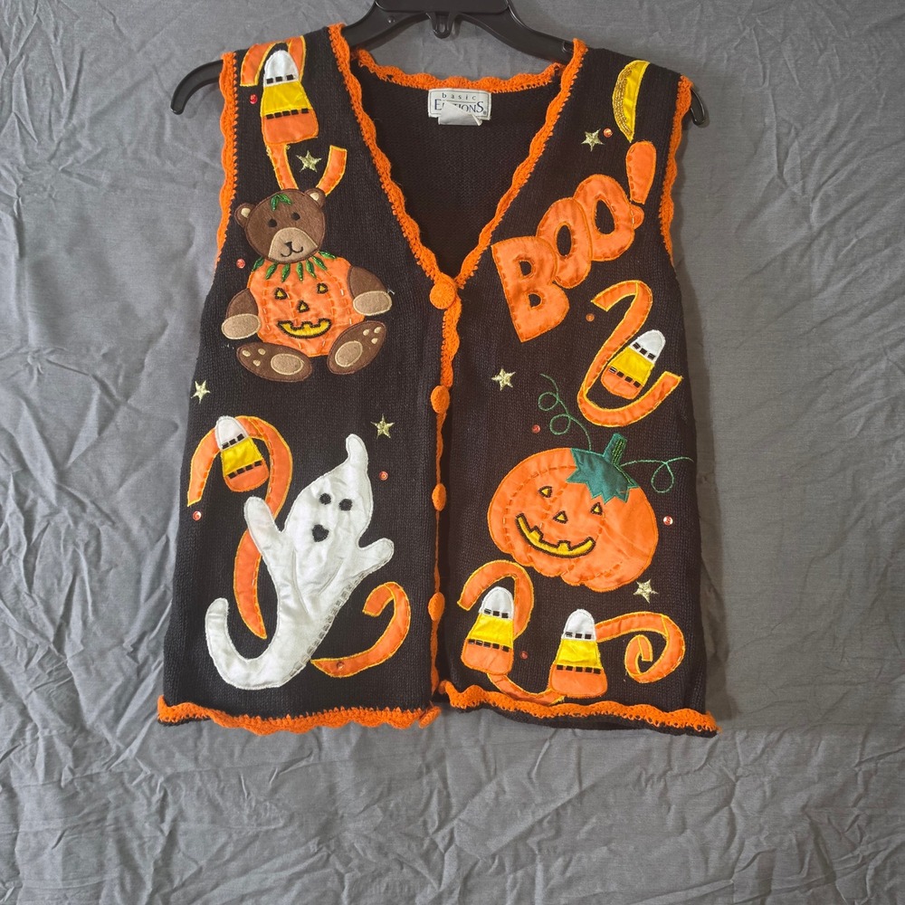 Basic Editions Halloween Sweater Vest Black Orange Ghost Pumpkin Bear Small